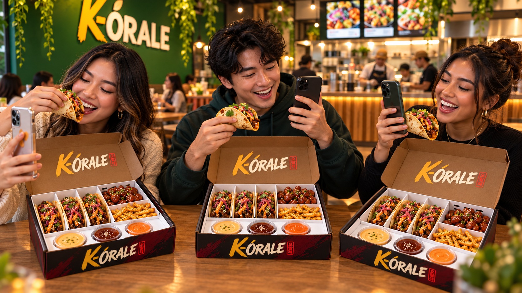 Three students inside K-Órale, each filming their own K-Órale Box on their phone