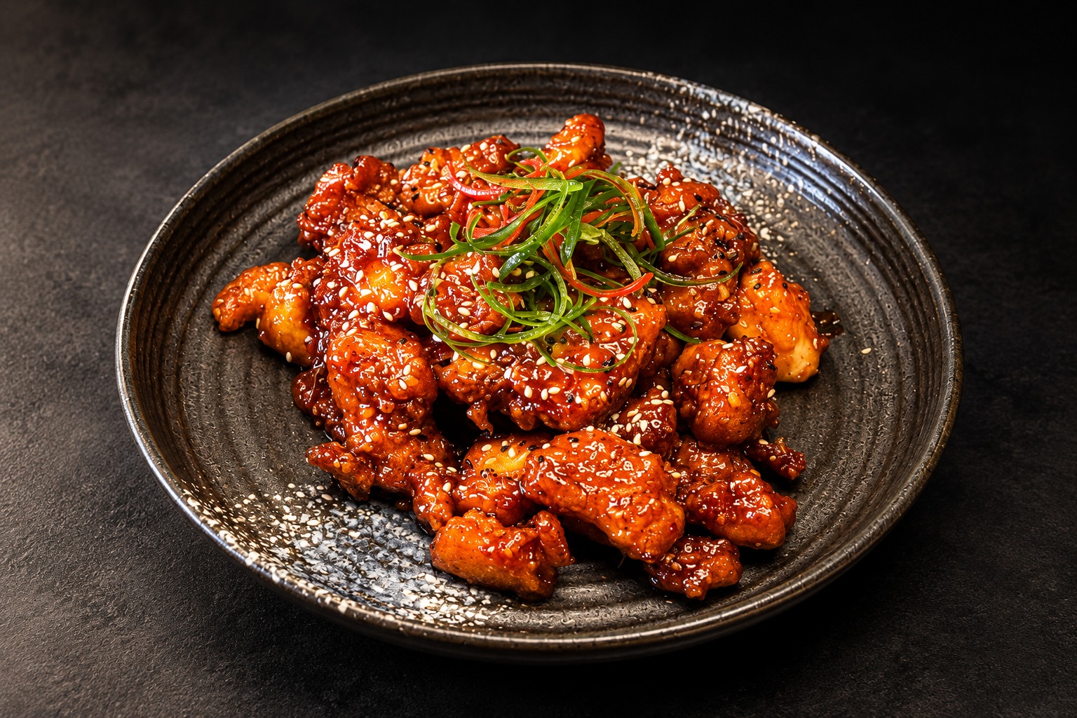 Korean glazed chicken in cinematic light