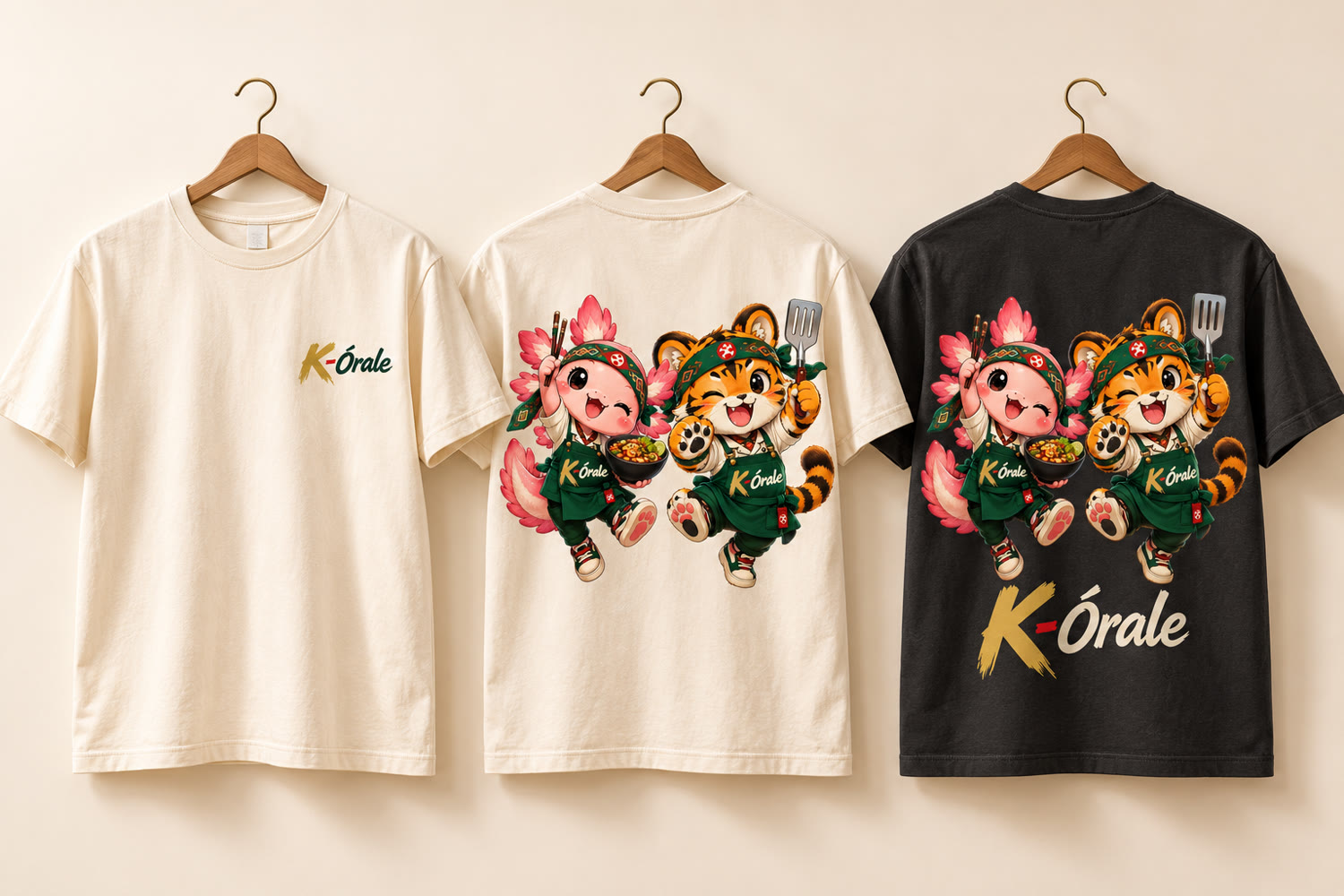Three K-Órale T-shirts on hangers: a cream tee with the logo on the chest, a cream tee with Aji and Hoshi on the back, and a black tee with Aji, Hoshi and the K-Órale logo