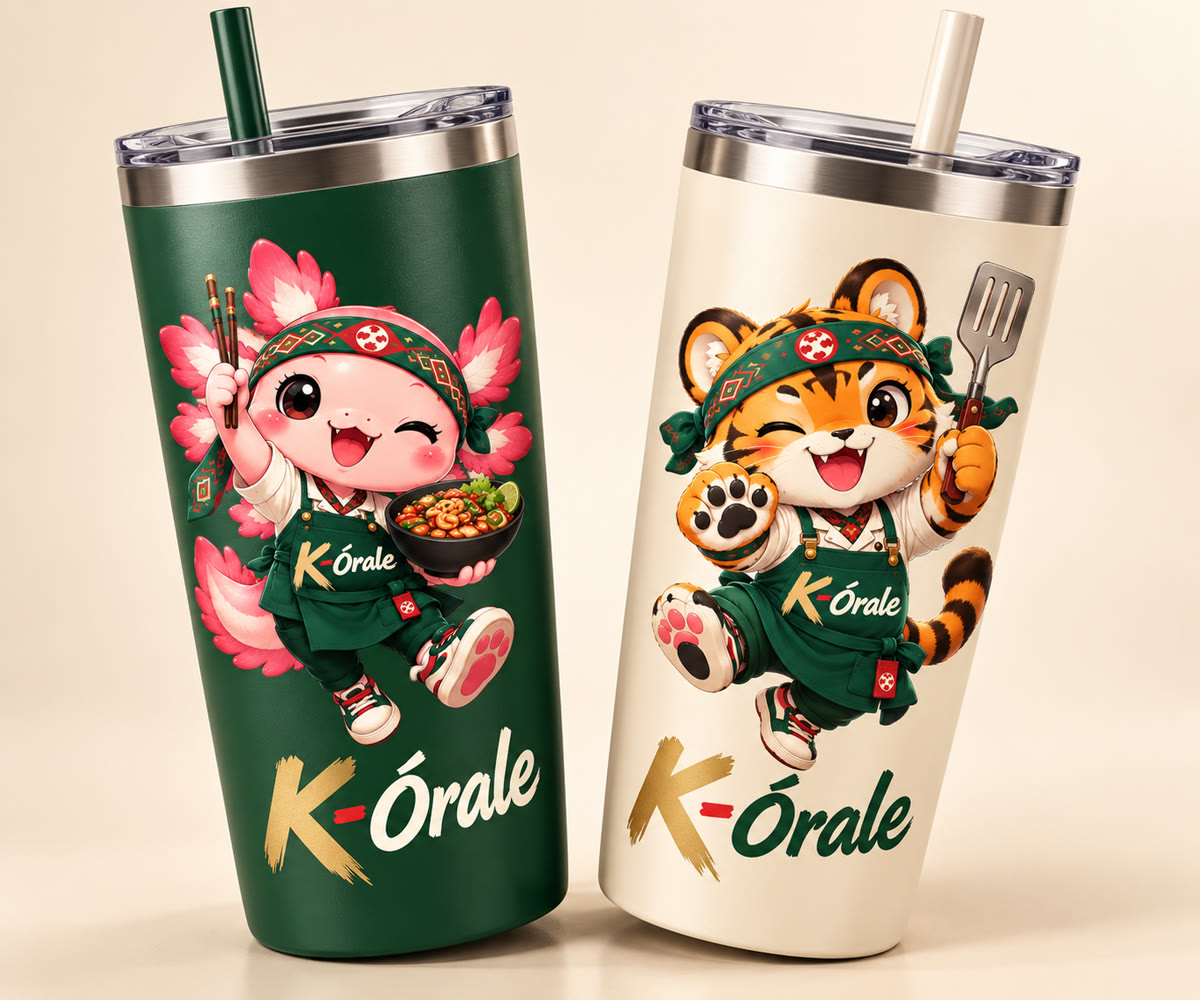 Two K-Órale tumblers with lids and straws: a green one with Aji and a cream one with Hoshi